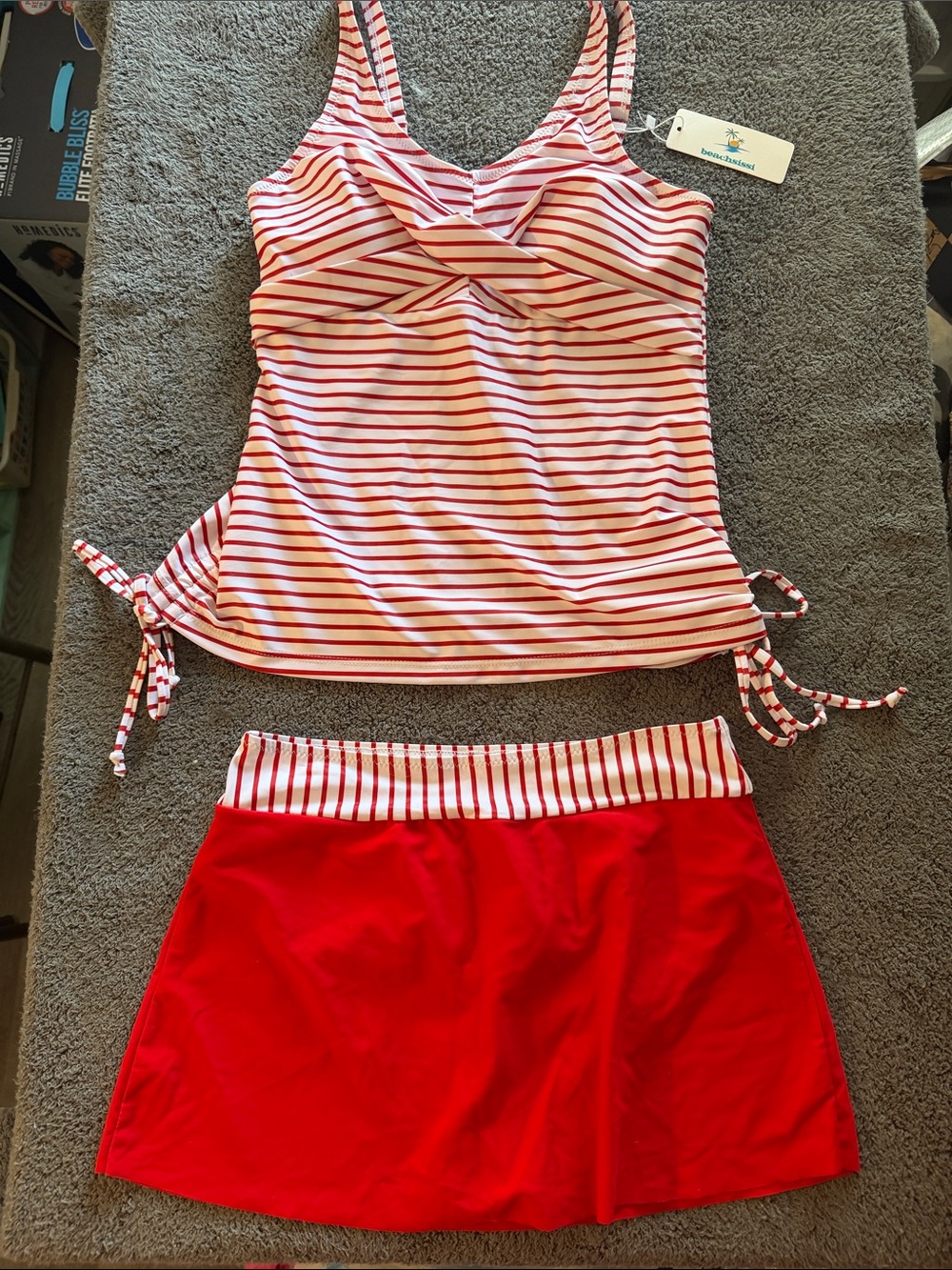 Striped Red & White Tankini with Red Swim Skirt